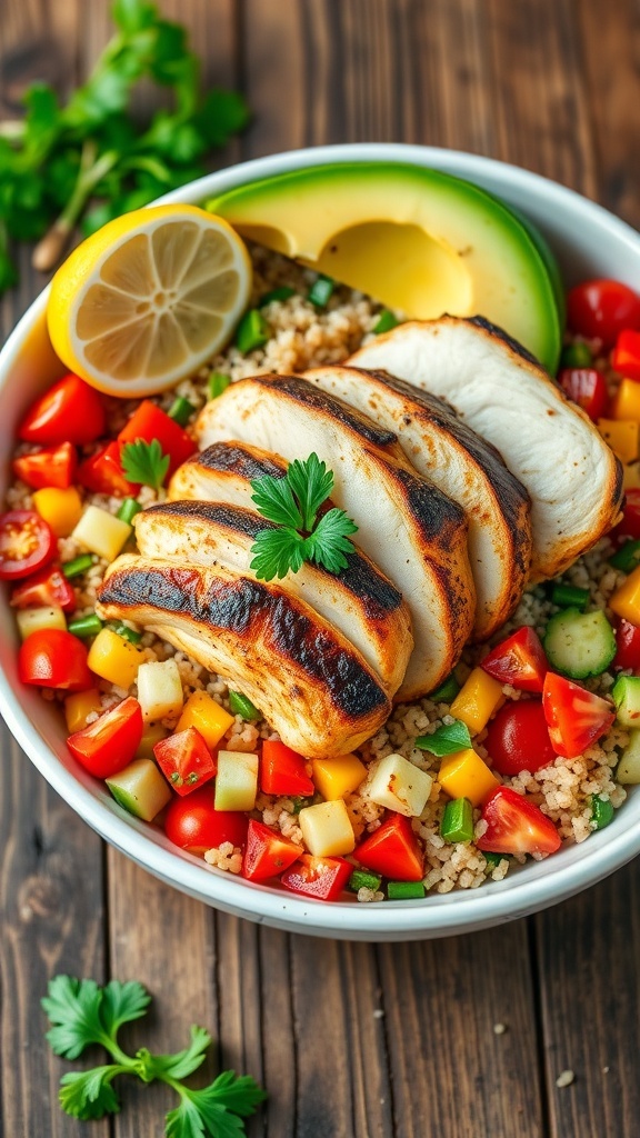 Grilled Chicken Quinoa Bowl A healthy grilled chicken quinoa bowl with colorful vegetables and avocado on a rustic table.